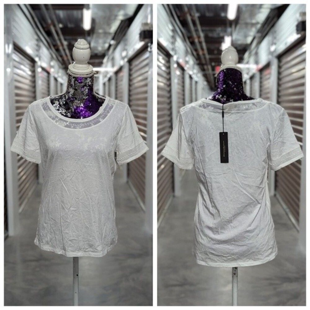 Donna Morgan Quiet Luxury White Illusion Neck Tee T-Shirt Blouse‎ Minimalist NWT